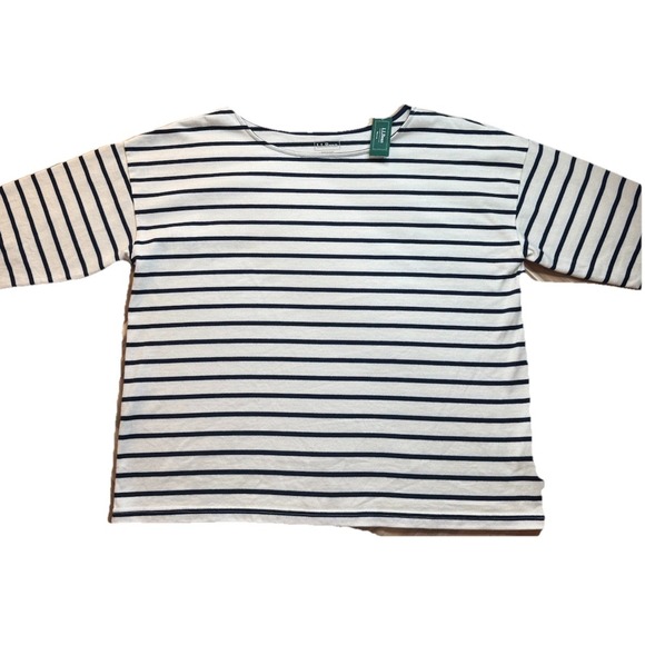LLBean WMNS XL Stripe Navy/Cream Heavyweight Boatneck Top Coastal Nautical Prep - Picture 2 of 5
